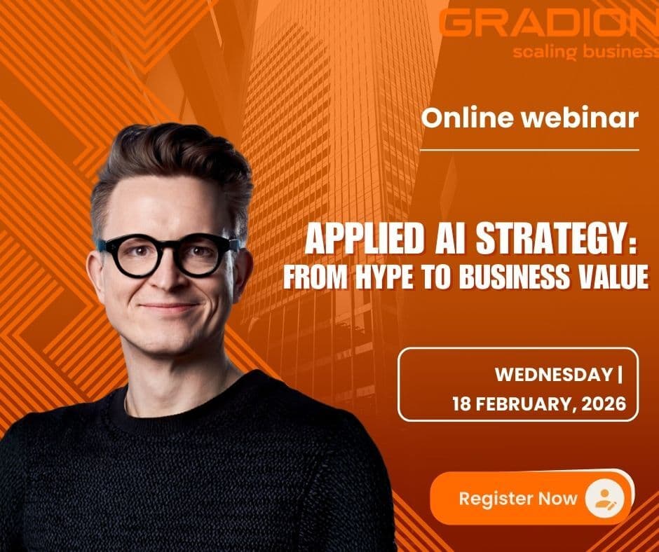 Gradion webinar cover featuring Lars Strojny on applied AI strategy from hype to business value