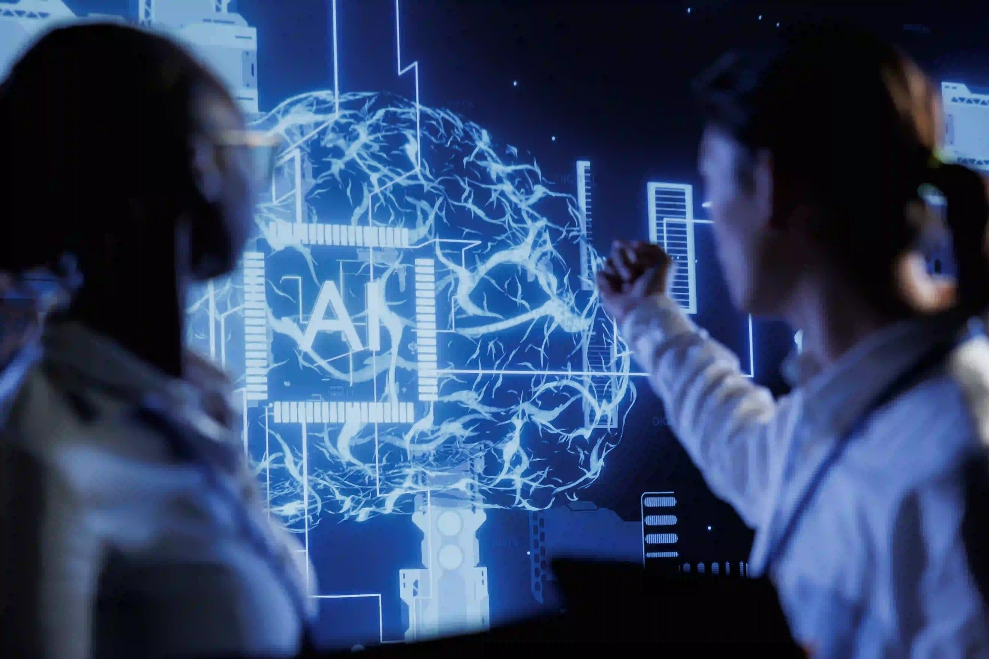 Silhouettes of people facing holographic globe with AI network connections