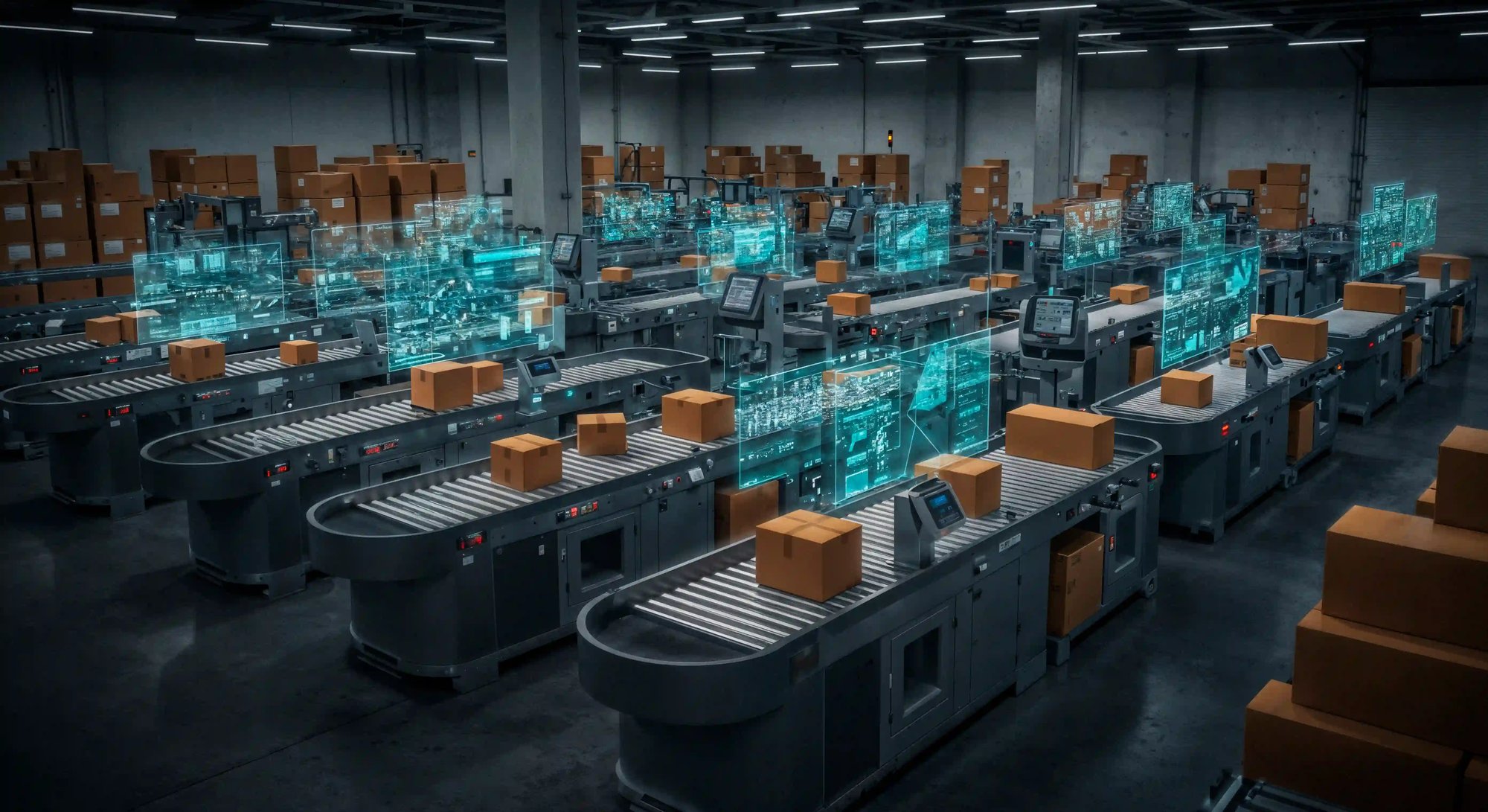 Automated production line with AI-driven technology overlay.