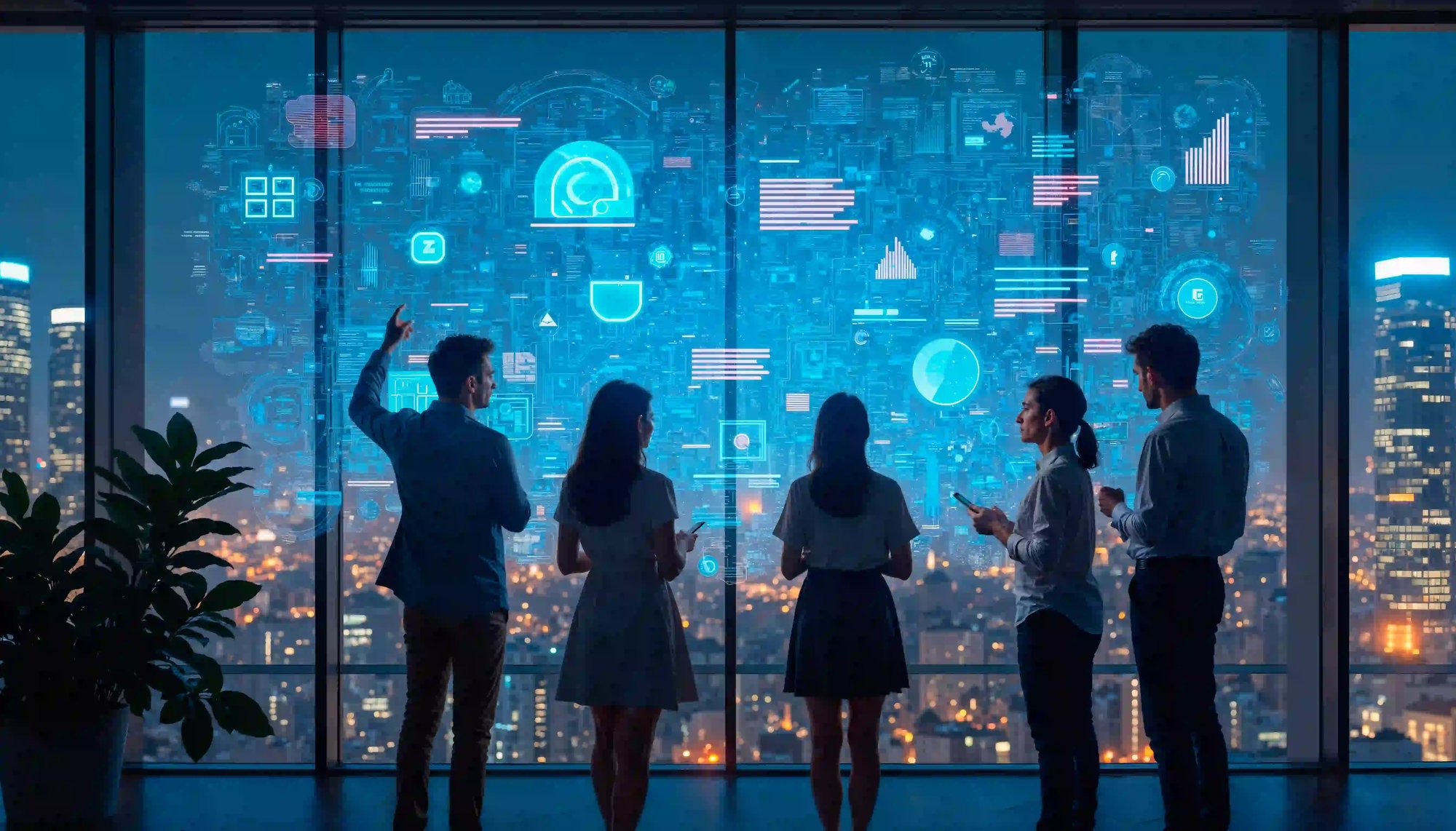 Team analyzing large digital data display in office.
